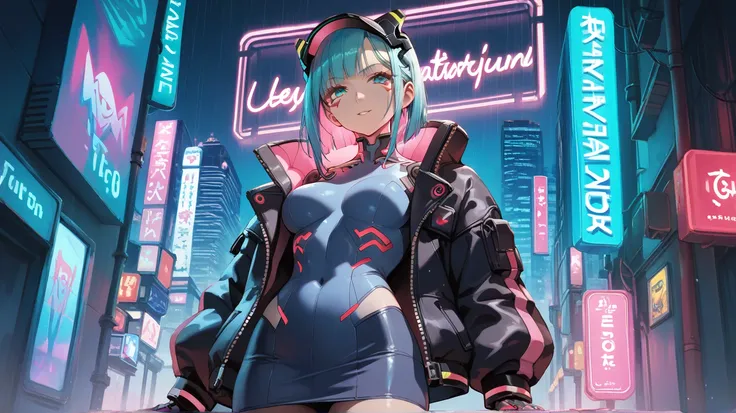 masterpiece, best quality, ultra-detailed, anime-style,
half body,1girl, cyberpunk theme, neon lights, futuristic cityscape, wearing cyberpunk-style outfit, glowing neon accents, sleek high-tech jacket, tight bodysuit, mechanical cybernetic arms, short fut...