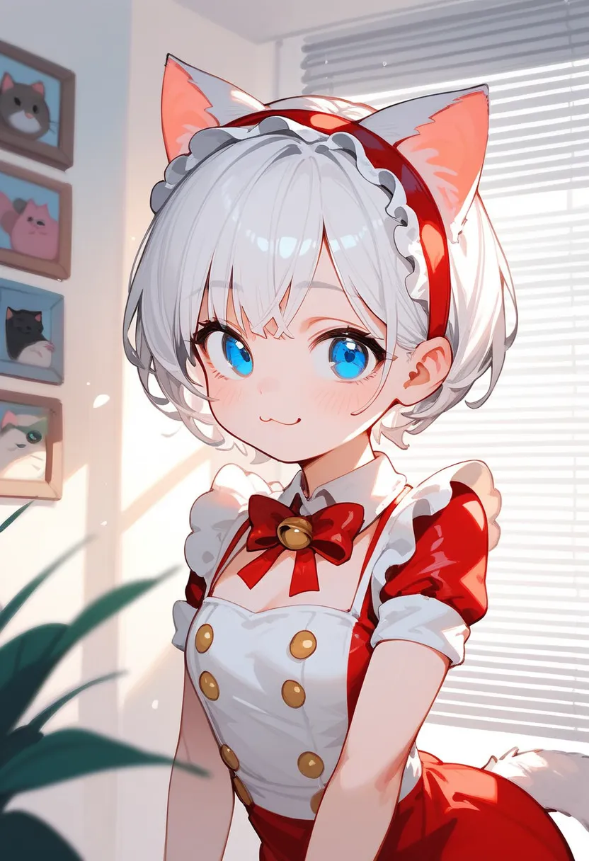   short hair ,  White hair, Blue Eyes, Right Eyes Wearing Blinds, Super Housewife Outfit, Cat ears, cute, Shameful, Red face.