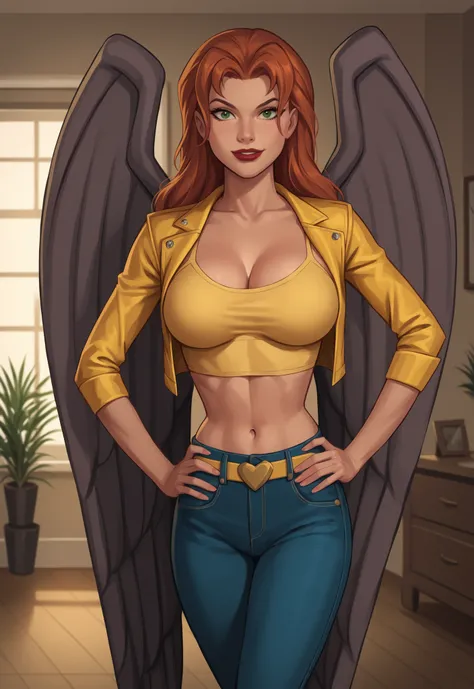 safe_pos, PonyXLV6_Scores BREAK ((retro artstyle, parody)), perfect anatomy, cowboy shot) shayera hol, wings, long hair, green eyes, ((looking at viewer)), superhero, yellow crop top, yellow jeans, yellow leather jacket, curvy, toned, athletic, large breas...