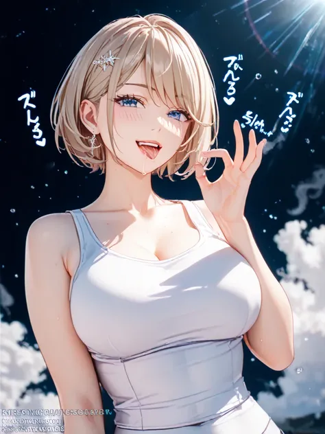 detailed background、 detailed person、High Resolution, 32K,   realistic depiction 、masterpiece、 score_9,  score_8_ and ,  score_7_ and ,  score_6_ and , mature woman, {{huge tits}}, curve, short hair,  blue eyes,  white shirt, tank top、( hand and foot acces...