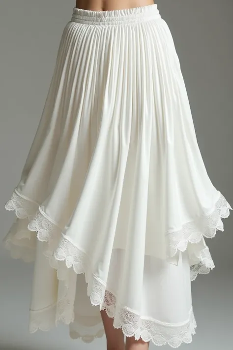 The pleated skirt is made of white satin fabric and white lace.