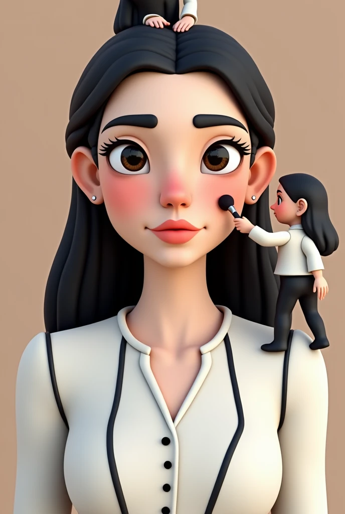 Create a realistic 3D Disney-style image of a 28-year-old woman with round eyes, large marked eyebrows, pronounced nose, thick lips, round face, white skin teas, smooth black hair with white blouse with vertical black stripes. . The surface of the woman cr...