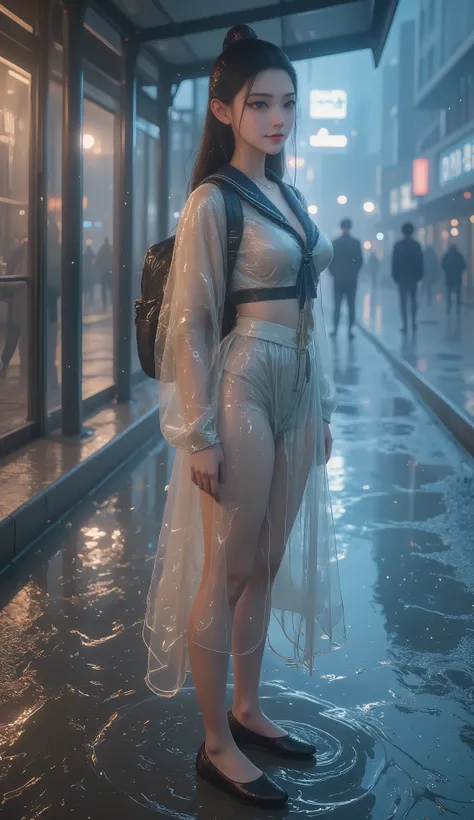 NSFW, TOP QUALITY , HD, 16k, unbelievably ridiculous , very well detailed, 2.5D, Delicate and Dynamic , beautiful woman, attractive smile , busty high school girl , uniform、 sailor suit、、 , backpack, , glitter effect, ((It's raining:1.3))、((My...