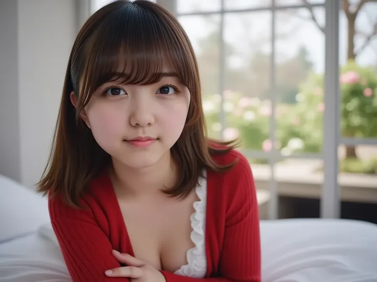 masterpiece, best quality, Cinematic photo, Japanese 18-year-old girl (semi long black straight hair, bangs reaching to eyebrows, straight hair, swaying hair, side fringe, Brown eyes), Complete Anatomy, Complete Hands, wearing a red cardigan, a white ruffl...