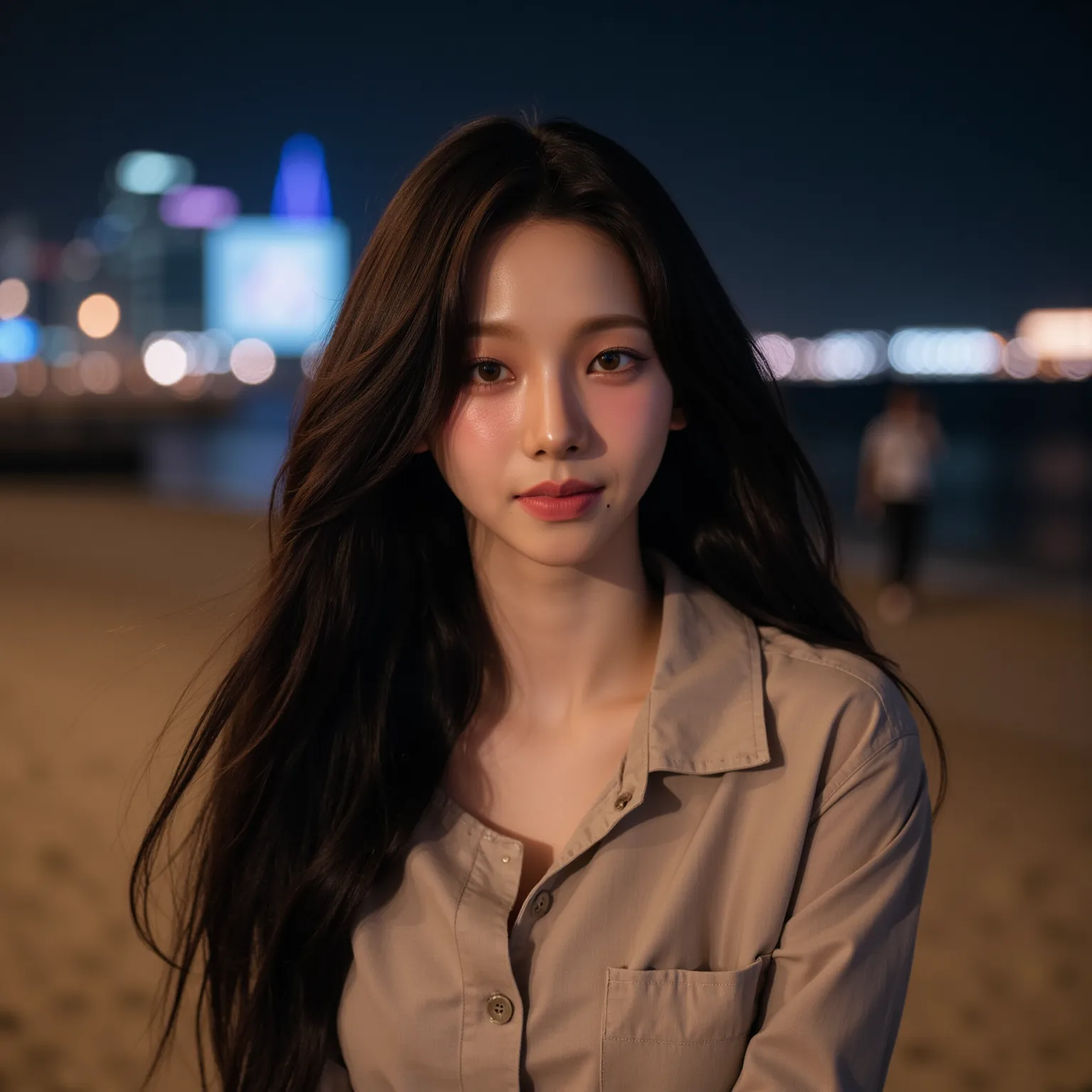 Photo of a young Korean woman, large D-cup breasts, ethereal beauty, Warm brown skin with a soft sheen, appearing radiant and smooth, natural with no make up. Her outfit is Western shirt, midriff, Bohemian harem pants. Rule of thirds. In the background bre...