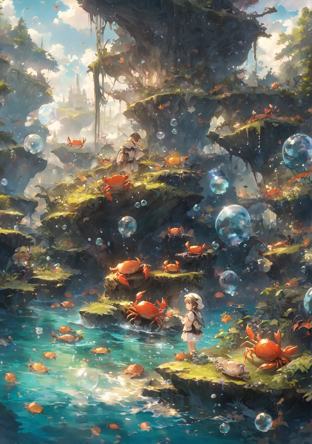 nature and water , Lots of crab creatures,  Anime Fantasy Illustrations ,  anime fantasy art , beautiful fantasy anime, Bubble