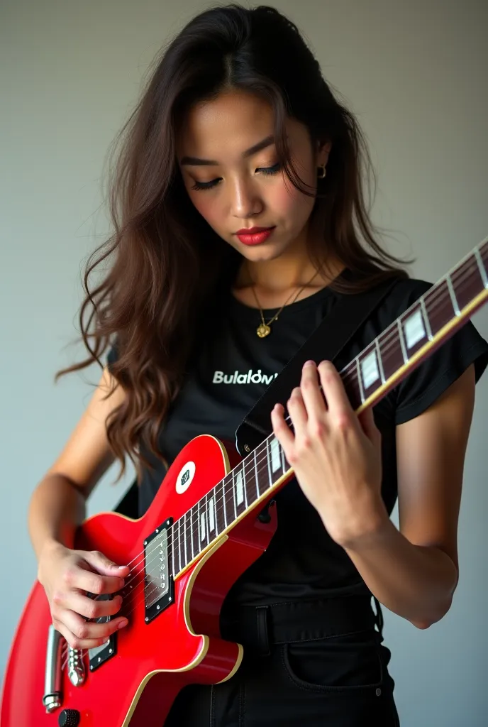 Female guitarist holding a red guitar,White girl