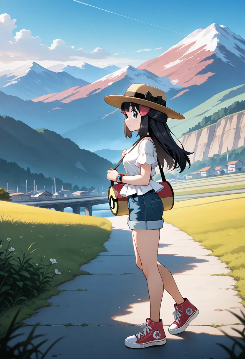 masterpiece, best quality, amazing quality, very aesthetic, absurdres, newest, scenery,highly detailed,high-resolution,female,woman,dawn/hikari,pokemon diamond pearl,dark-navy hair,long hair,aquamarine eyes,fair skin,glossy texture,pink lips,A straw boater...