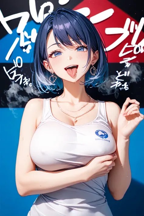 detailed background、 detailed person、High Resolution, 32K,   realistic depiction 、masterpiece、 score_9,  score_8_ and ,  score_7_ and ,  score_6_ and , mature woman, {{huge tits}}, curve, short hair,  blue eyes,  white shirt, tank top、( hand and foot acces...