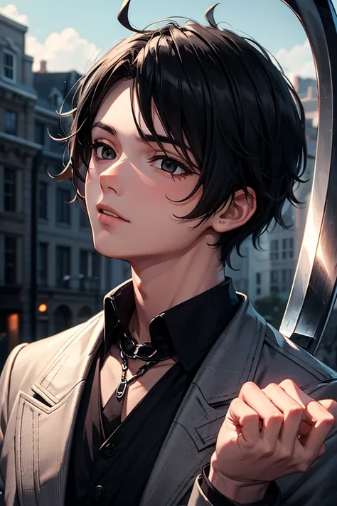  boy with black eyes, black hair and a scythe