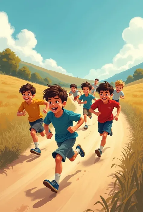 Many  boys running on a dirt road,  illustration 