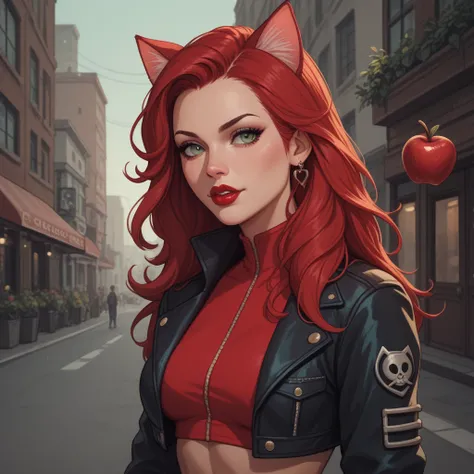 Girl, red long hair，cat ears，accessories，cropped jacket，Poison apples，urban stilish，Red lipstick