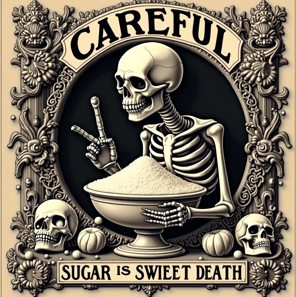 sugar_warning_1920.psd: Ornate vector logo, phrase, 'Careful: Sugar is sweet death', engraved lettering, vintage advertisement illustration, elaborate Victorian-era design, grotesque caricature figure, exaggerated features symbolizing sugar addiction, skel...