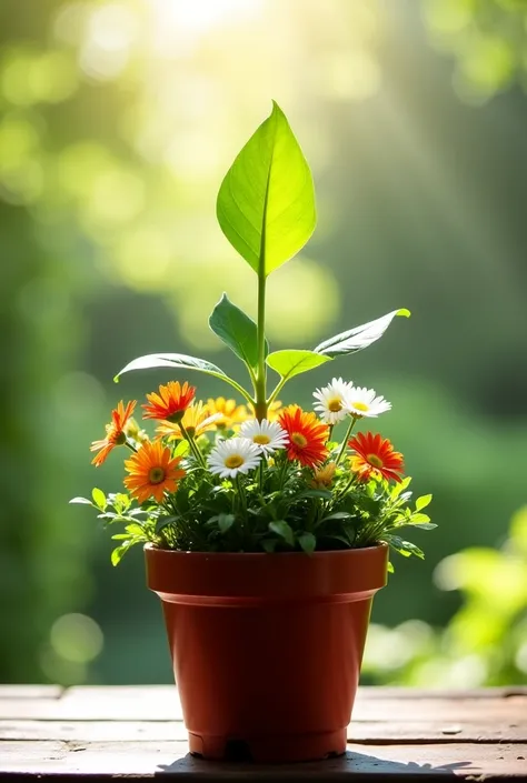 "A beautiful natural environment with a flower pot placed in the center. The pot is filled with lush green plants and blooming colorful flowers. On top of the pot, a single vibrant green leaf stands upright, catching the soft sunlight. The background is se...