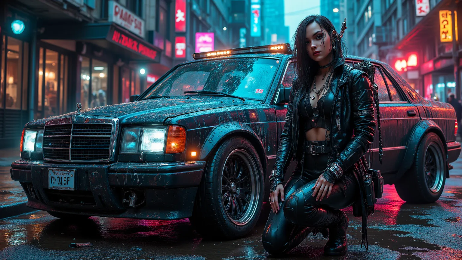 cyberpunk attractive girl near brutal russian car