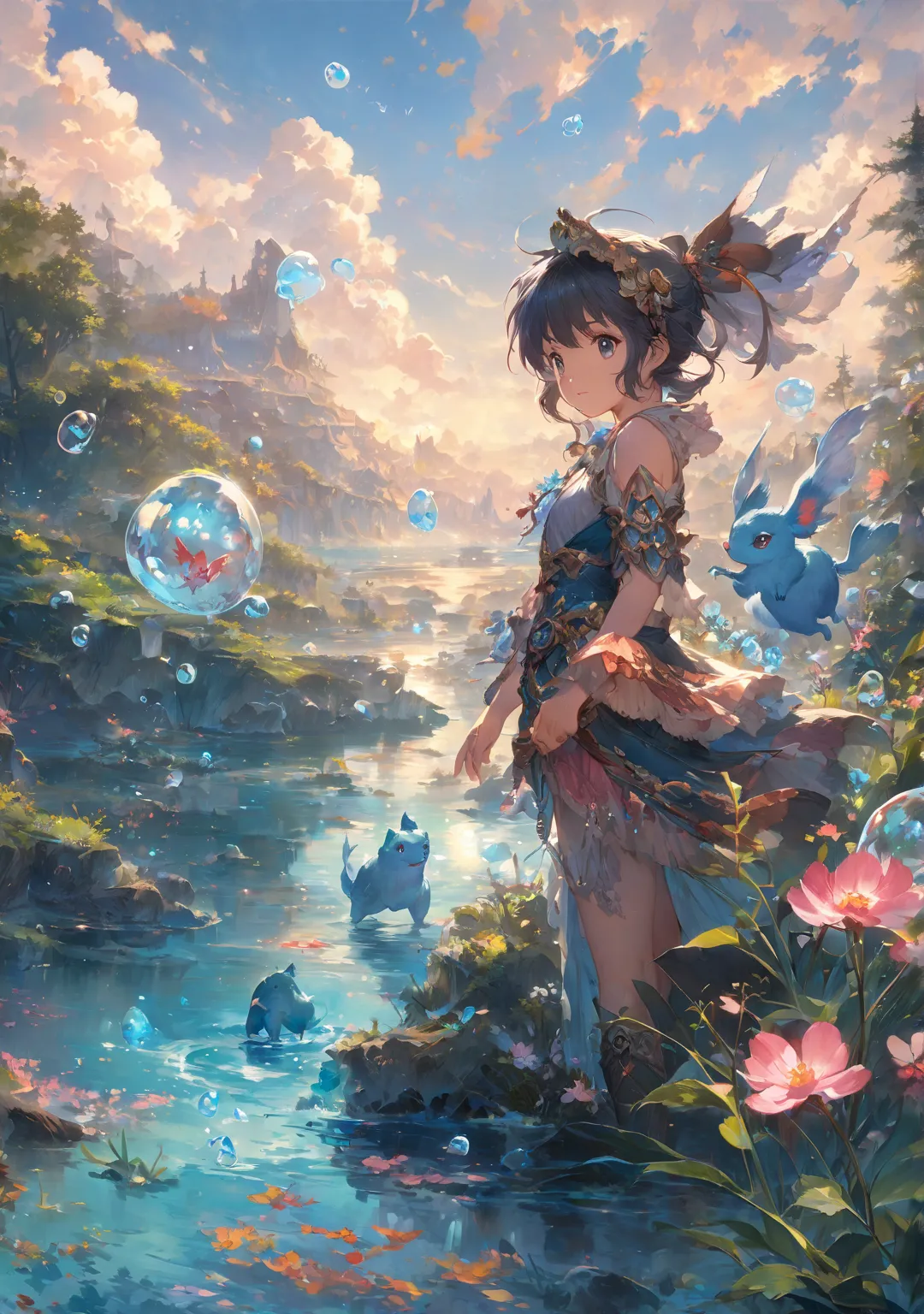 nature and water ,  Creature,  Anime Fantasy Illustrations ,  anime fantasy art , beautiful fantasy anime, Bubble