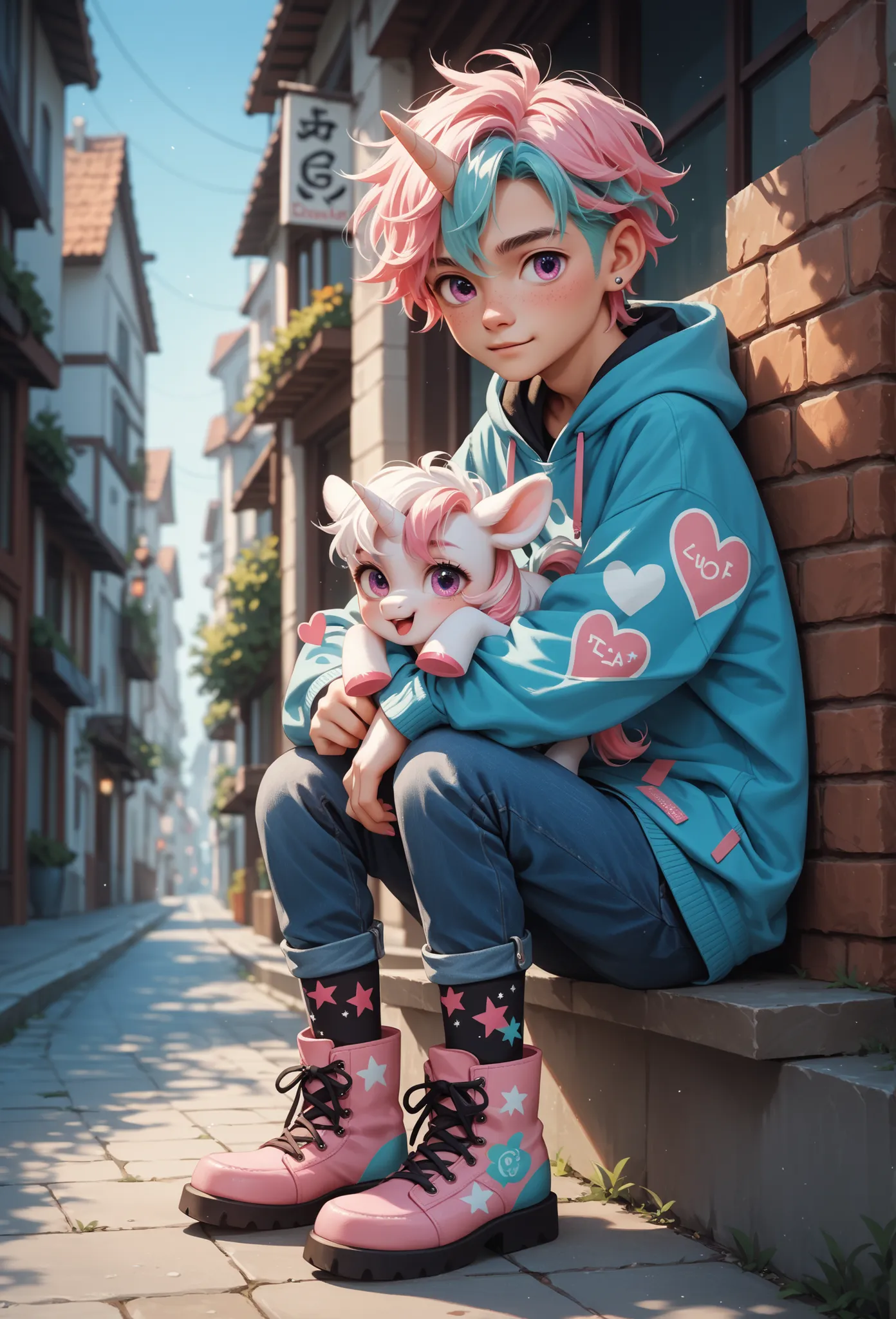 score_9, score_8_up, score_7_up, score_6_up, score_5_up, score_4_up, source_anime,  cute boy wearing a pink and white coloured unicorn printed boot, the boots are printed with unicorn design extremely detailed, well done art, highly detailed, unicorn shape...