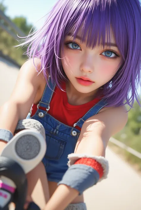 (( top quality)), ((top quality、 Masterpiece、High sensitivity、 high resolution , depicting a delicate face)) ,  (her name is Arale ,  Hot young  girl  , asian girl , large chests ) , black Glasses、( blue Overalls , red top )  , (purple long hair , bangs ha...