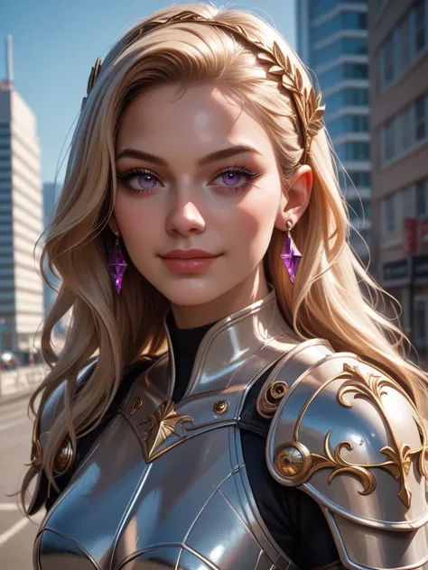 1 girl, long hair, Breasts, Looking at the viewer,  blond hair, hair ornament, chrome armor,  earrings, realistic anatomy, best quality, High definition, Точность,  Masterpiece , realistic anatomy, HD model, High detail,  quality, Ultra high definition, Ve...