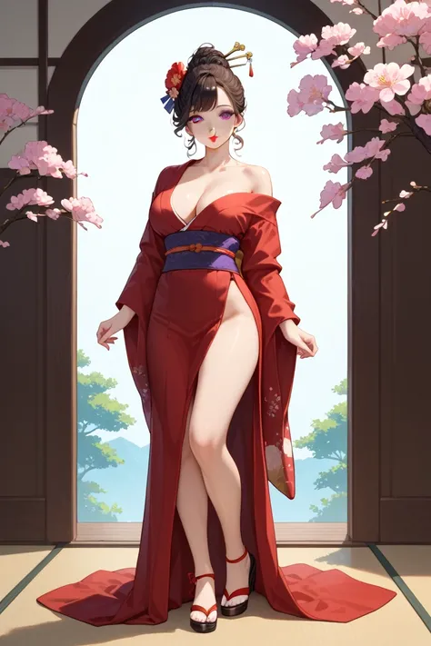 A very sexy asian woman, pale white skin, super big breasts, tall and slim body, big purple eyes, 32 years old, high japanese traditional hairdo with flowers, dark brown curly hair, fringe, very big boobs, dressed in the stylish modern kimono, no backgroun...