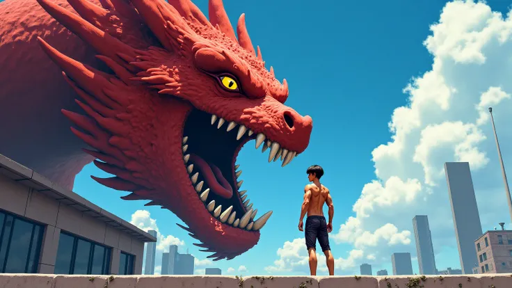 A shonen anime style shot of a young adult male on the right, with a slim physique, standing on a roof next the massive head of a dragon on the left facing right. The male is Dressed in skimpy sci-fi armor, tan skin, round butt, clean-shaved face, brown ey...