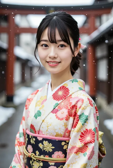 A petite, young Japanese woman in her 20s with a happy smile in a modern kimono and printed panties is wearing a furisode and standing in front of the torii gate of a snowy shrine, with large double-lidded eyes, thick lips, black hair, dark pupils, Japanes...