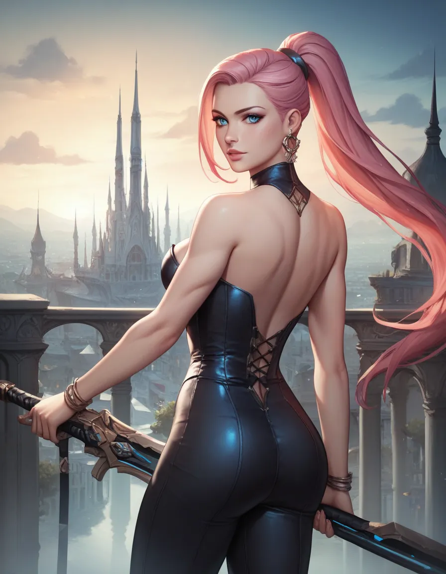 female black strapless dress, black long tight pants, bare shoulders, racerback, bare toned arms, beautiful faces, pink ponytail with showing forehead, long sleek ponytail, earrings, soft smooth skin, pale skin, night city background, blue eyes, sci-fi, hi...