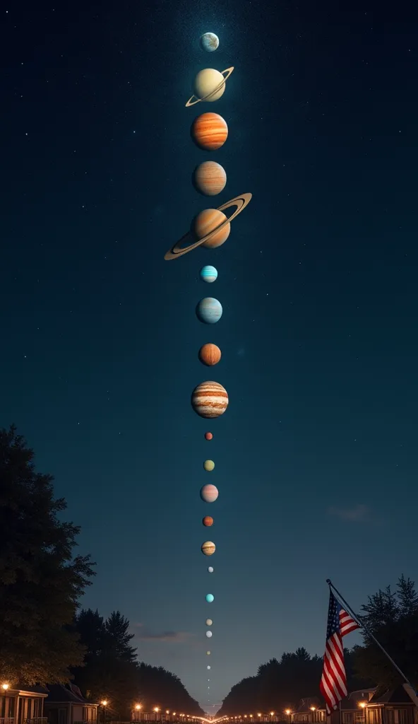 A breathtaking, realistic scene showing the planets of our solar system aligned in a straight, vertical line across the night sky. The planets vary in size, color, and texture—some with bright rings, others with faint moons orbiting them. The alignment is ...