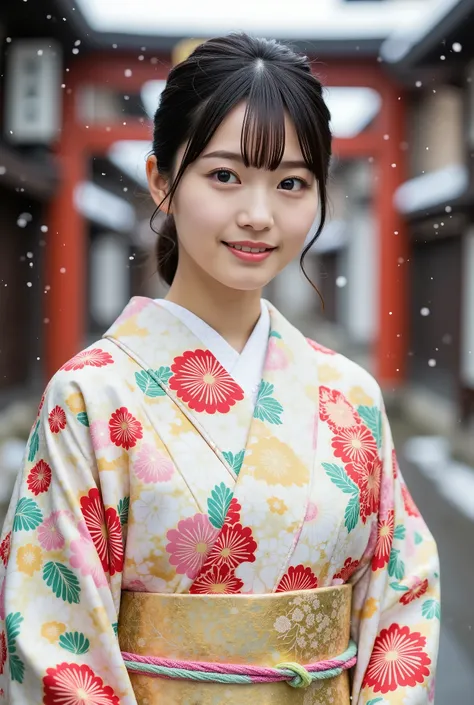 A petite, young Japanese woman in her 20s with a happy smile in a modern kimono and printed panties is wearing a furisode and standing in front of the torii gate of a snowy shrine, with large double-lidded eyes, thick lips, black hair, dark pupils, Japanes...