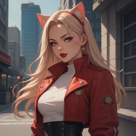 Girl, red long hair，cat ears，accessories，cropped jacket，anime style，urban style，Red lipstick