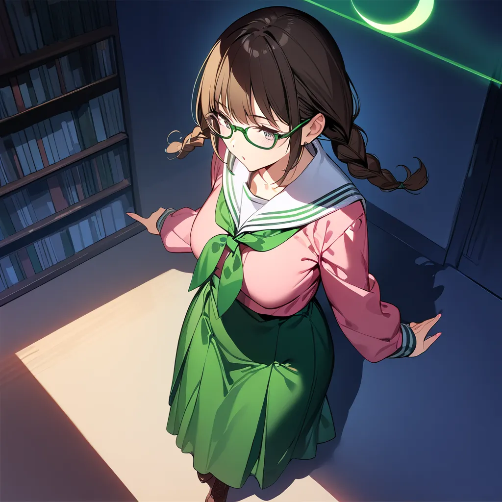 (masterpiece),(Highest quality),(Ultra High Definition),( best illustration),(Best Shadow),(Absard Dress),(detailed background),(very aesthetic), 1 girl, Alone,sailor suit,pink shirt,white sailor color,green line on sailor color, green skirt, two braids,gl...