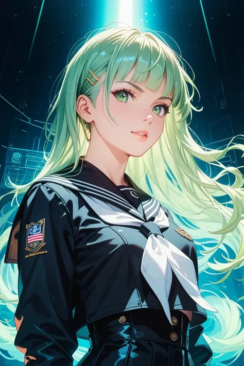 Girl in a black sailor suit with light green wolf-cut hair