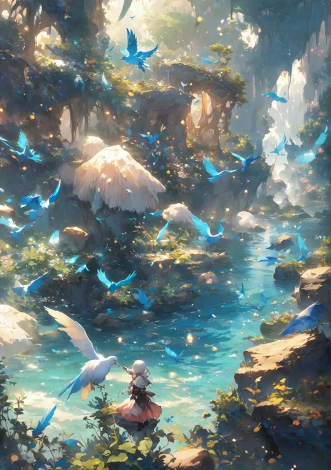 nature and water ,  Creature, A bird with blue feathers,  Anime Fantasy Illustrations ,  anime fantasy art , beautiful fantasy anime, Bubble