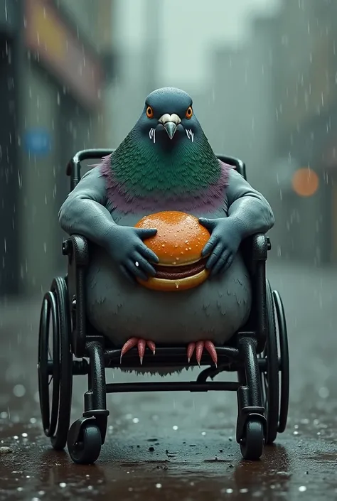 Fat Pigeon sits in a wheelchair, cries and holds a burger in his hands in the rain