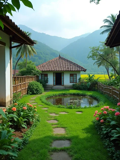 A flower garden in the courtyard of a white-blue walled house,green grass , village ,fish pond,banana tree,roof tile , there is a bamboo fence , there is a coconut tree ,misty hill mountain background,yellow rice field,4k image ,iPhone camera,