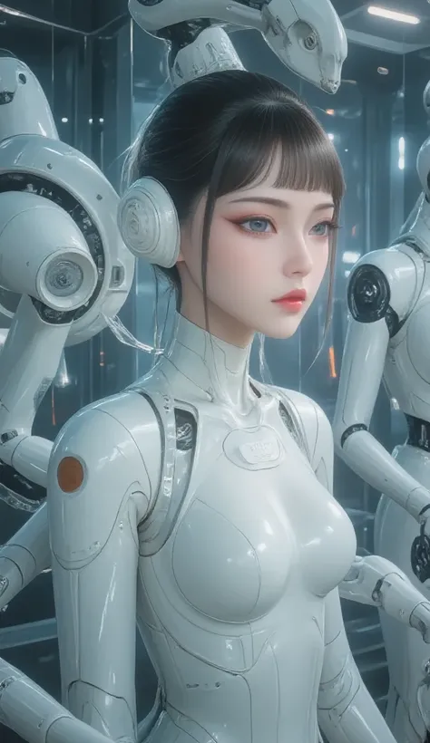 masterpiece, best quality, extremely detailed, Japanese android girl,Plump ,control panels,robot arms,robot,android,cyborg,white robot body,ceramic body,perfect robotgirl,blunt bangs,sumo wrestler,blue eyes