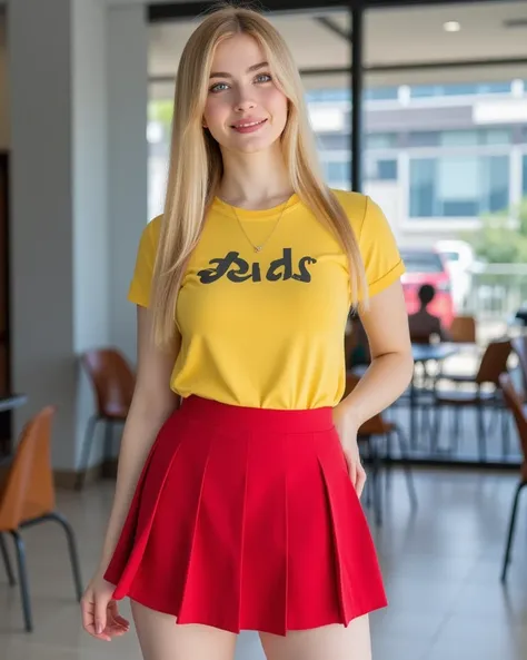 A beautiful (straight blonde hair) young woman wearing a sexy yellow colour with "Baby" in big center school uniform, pleated red mini skirt, in indoor confidence Standing posing, vibrant smile, slender curvy glamorous figure, blue eyes, hyper-detailed, cl...