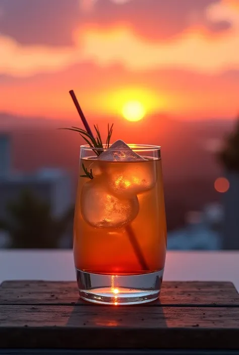 Cocktail on wooden table and sunset in the background 