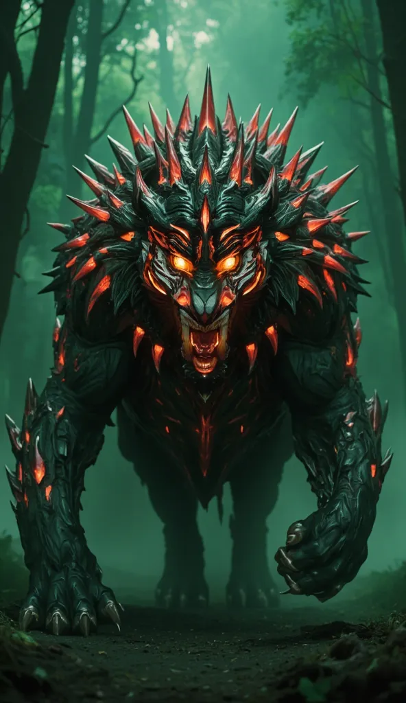 "In a dark, cinematic transformation, the tiger and ruby have fused into a powerful and menacing hybrid creature. The beast stands tall in a shadowed, eerie green landscape, its body a mix of sleek tiger fur and sharp, crystalline ruby armor. The tiger's m...