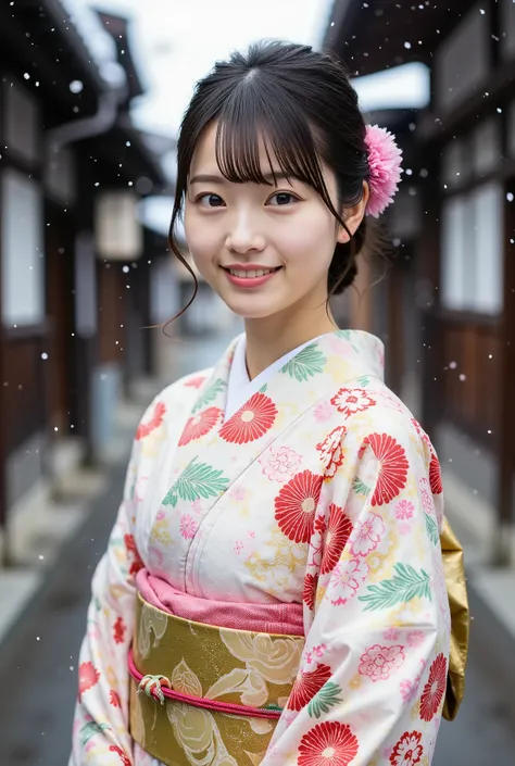 A petite, young Japanese woman in her 20s with a happy smile in a modern kimono and printed panties is wearing a furisode and standing in front of the torii gate of a snowy shrine, with large double-lidded eyes, thick lips, black hair, dark pupils, Japanes...