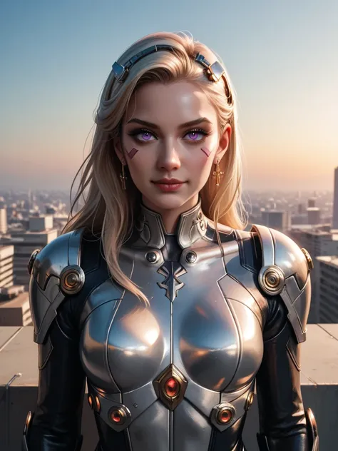 1 girl, long hair, Breasts, Looking at the viewer,  blond hair, hair ornament, chrome armor,  earrings, realistic anatomy, best quality, High definition, Точность,  Masterpiece , realistic anatomy, HD model, High detail,  quality, Ultra high definition, Ve...