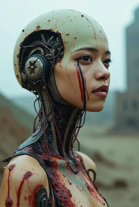 Skull cyborg, deeply looking, the body is woman, half and wires go through on it, real-life picture about the full body. It is looking forward. The skull backpiece is wires, robot mechanics, no headphone on it. The backward is apocalyptic horroric-space, r...