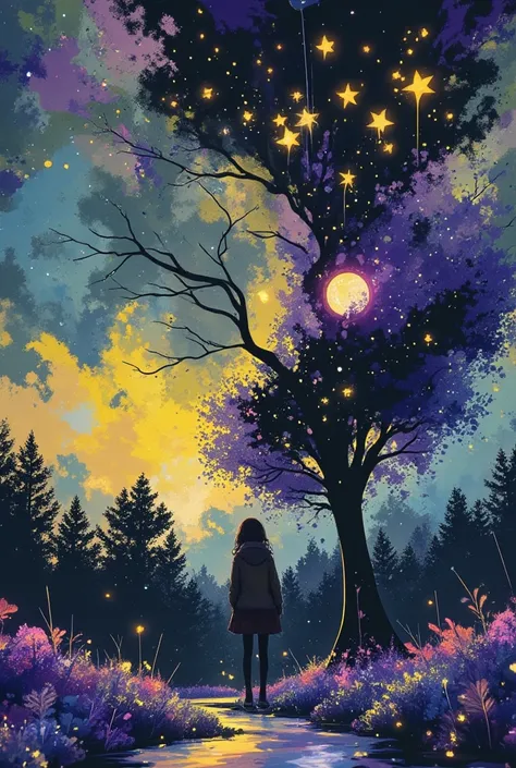 Artwork A Starry Night, many stars, The moon, A black silhouette tree. White eyes with a twinkle of light on each leaf, leaves around the ground with glitter each leaf landscape work of art, The individual leaves are white, sheets luminous,  leaves on the ...