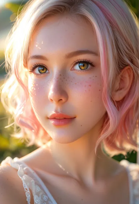 Photo of beautiful 18 year old girl without clothes, pastel hair, sexy freckles, beautiful, close-up, young, photorealistic, 8K, 85mm lens, natural lighting, realistic, natural skin