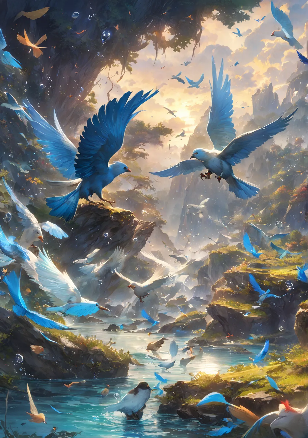 nature and water ,  Creature, birds with blue feathers, Fighting birds,  Anime Fantasy Illustrations ,  anime fantasy art , beautiful fantasy anime, Bubble