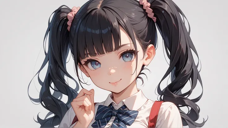 1 girl、cute、younger sister、 black hair long hair、simple background、Double Twintails、 elementary school student、Big Breasts、 mean face