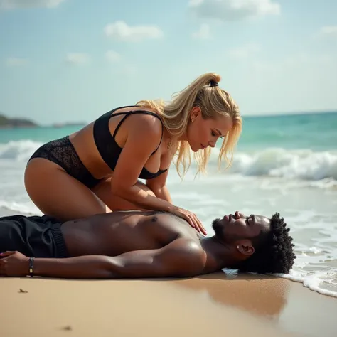 immigrant  black boy just arrived on a boat to a beach, He is handsome, And he's tired almost lying in the sand. a 45-year-old blonde and pretty white MILF, Dressed very sexy and suggestive is helping him. She bends over leaving her boobs close to her face