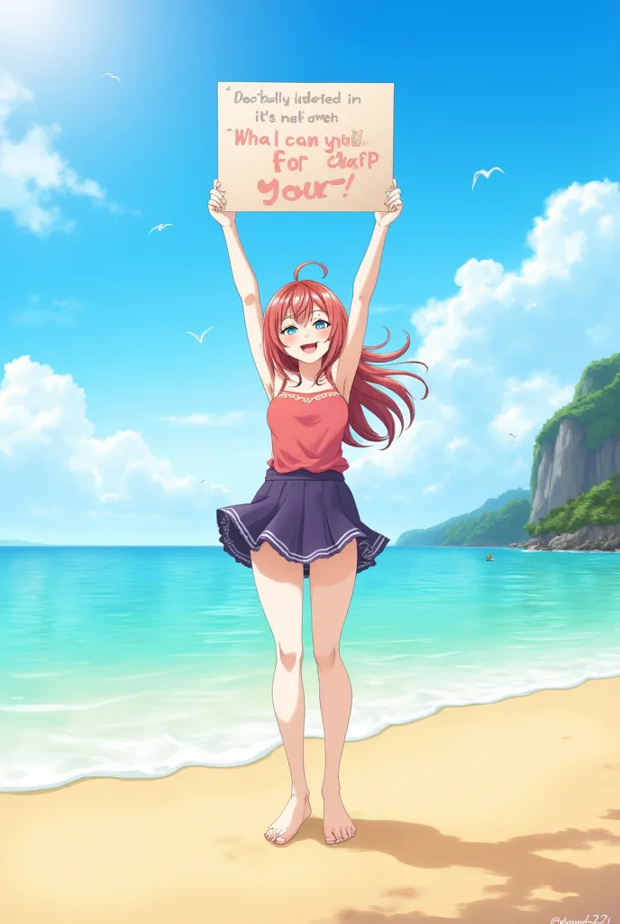 Give me a picture of Alya holding a sign in the air above her and on the beach