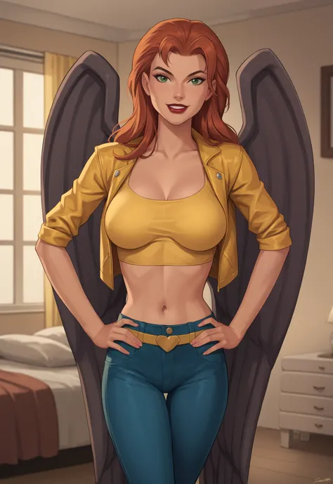 safe_pos, PonyXLV6_Scores BREAK ((retro artstyle, parody)), perfect anatomy, cowboy shot) shayera hol, wings, long hair, green eyes, ((looking at viewer)), superhero, yellow crop top, yellow jeans, yellow leather jacket, curvy, athletic, large breasts, sta...