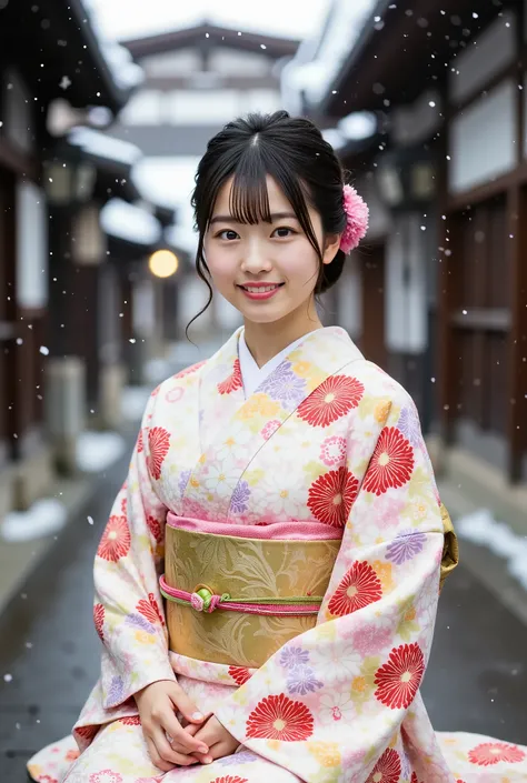 A petite young Japanese woman in her 20s wearing a modern kimono and smiling happily is sitting in front of the torii gate of a snowy shrine, with her arms folded behind her back and her legs spread wide to the sides in an M-shaped split, showing off her f...